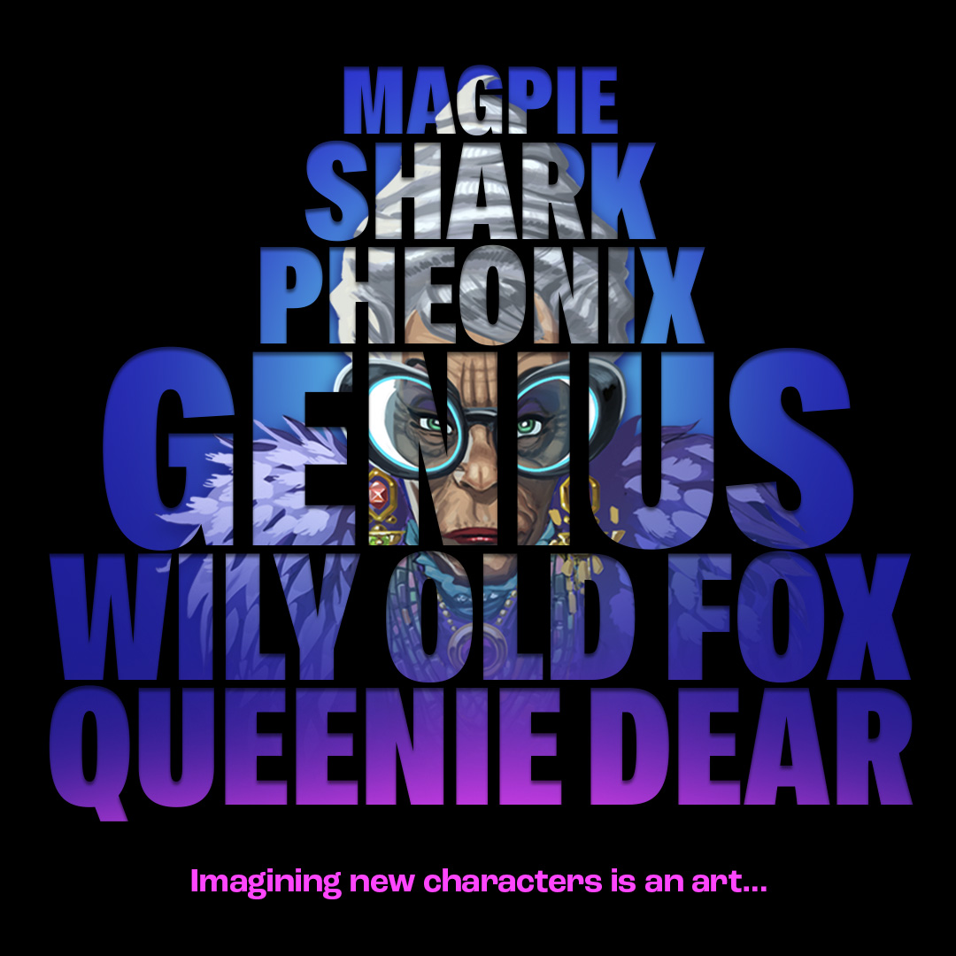 Old lady character called Queenie, with descriptive words overlaid